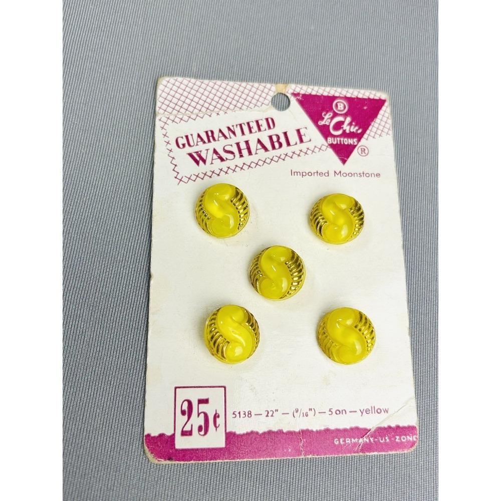 Lemon Yellow & Gold Tone Le Chic Vintage Moonstone Buttons NEW On Card Set Of 5
